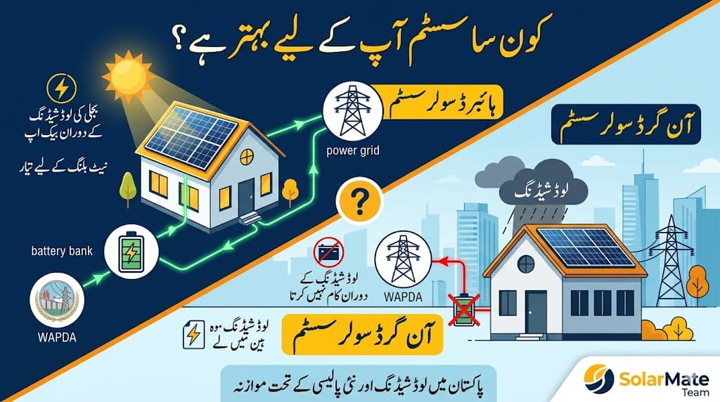 Hybrid solar inverter with battery backup vs on-grid solar system — side by side comparison for Pakistan homes