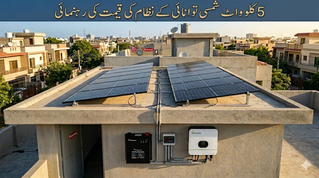 5kW hybrid solar system with panels, inverter and lithium battery on a rooftop in Pakistan