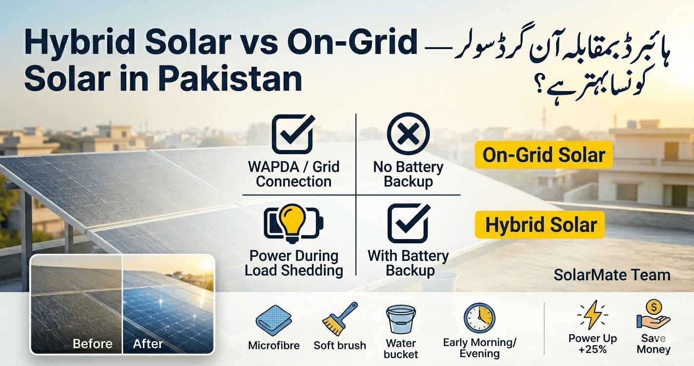 A side-by-side comparison of two identical Pakistani homes under solar energy systems. On the left, labeled "Hybrid Solar," a bright, sunny daytime scene shows a house with solar panels on the roof and a modern battery storage unit installed on the exterior wall; inside the brightly lit living room, a family sits comfortably enjoying a running air conditioner. On the right, labeled "On-Grid Solar," a dim afternoon scene shows an identical house with solar panels but no battery backup; inside the darkened living room during a load-shedding power outage, the family sits in the dark using manual hand fans to stay cool.