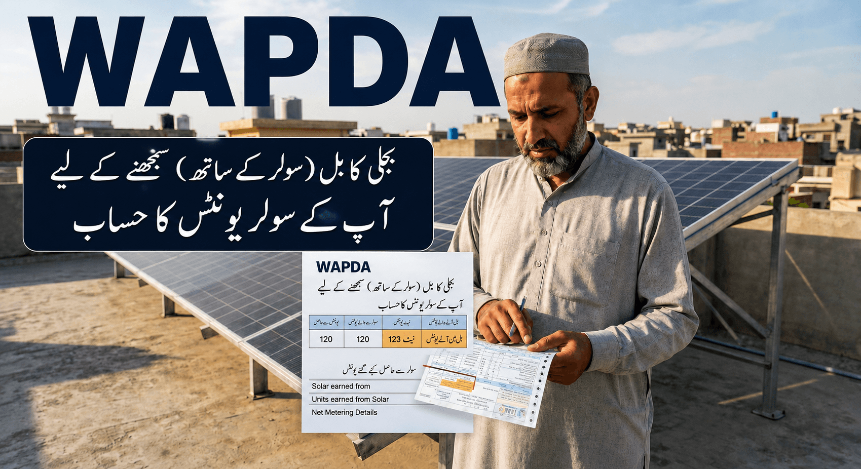 Pakistani electricity bill with highlighted sections showing units consumed and tariff category for solar sizing
