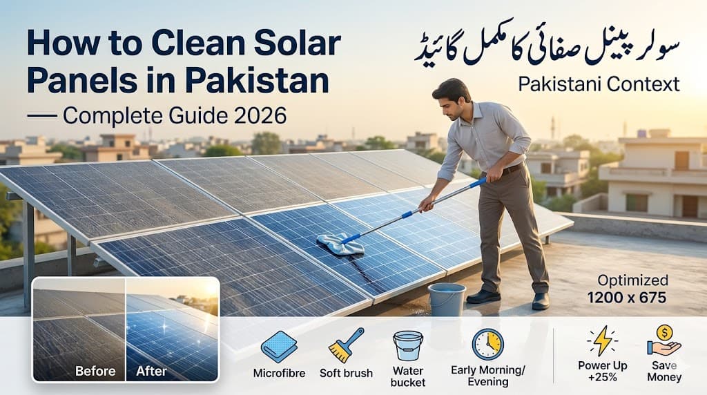 How to clean solar panels in Pakistan guide showing manual rooftop panel washing to recover power output.